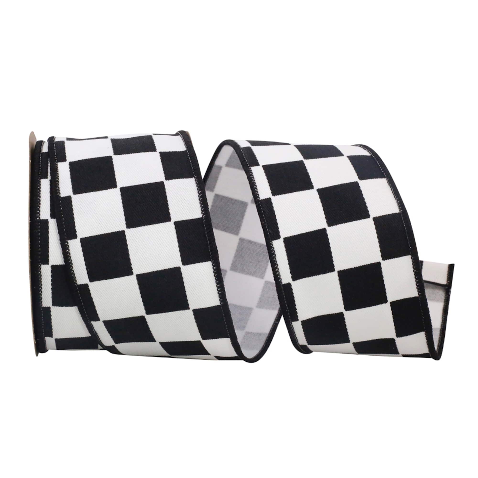 JAM Paper 2.5" x 10yd. Black & White Raceway Check Wired Ribbon